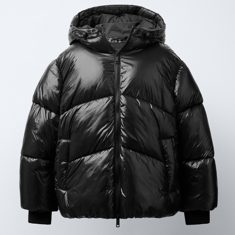 Zara Boys Black Puffer Jacket with Hood Size 13-14 NWT